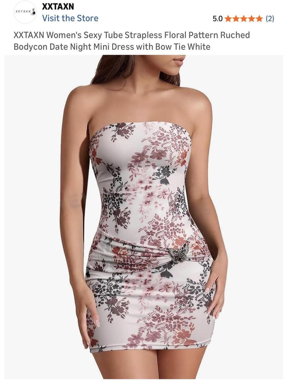 XXTAXN Women's Sexy Tube Strapless Floral Pattern Ruched Bodycon Date Night Mini